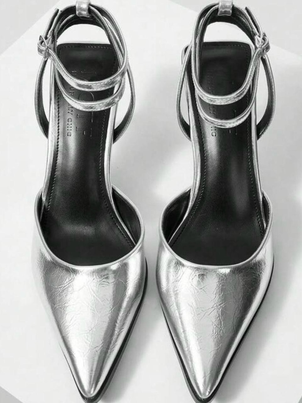 Silver Pointed-Toe Ankle-Strap Heels